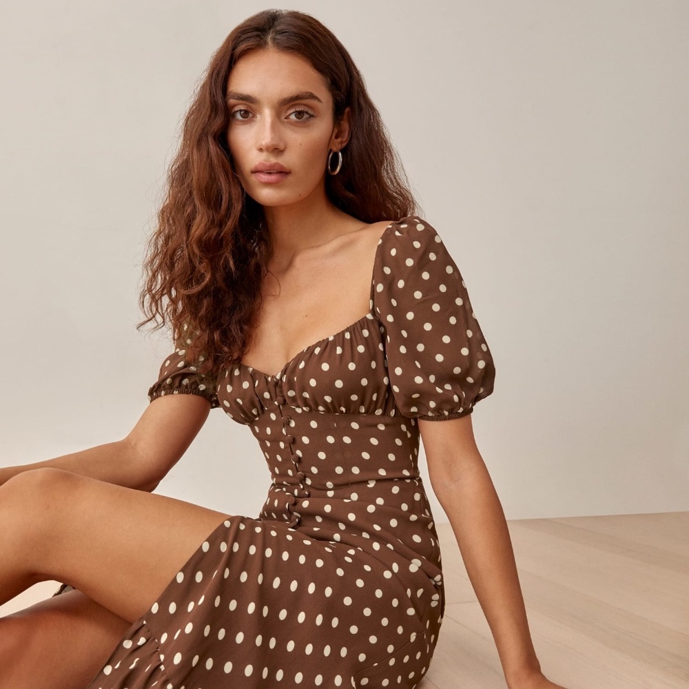 Reformation Brown Polka Dot Midi Dress
